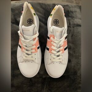 Tory Burch White Sneakers with Pink and Navy Accents Women’s Size 8. NWOT/BOX.